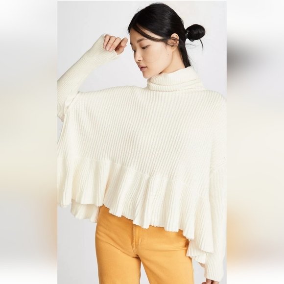 Free People Black Laye Cake Sweater Chunky Oversized Turtleneck Ruffle Hem Small - Picture 2 of 16
